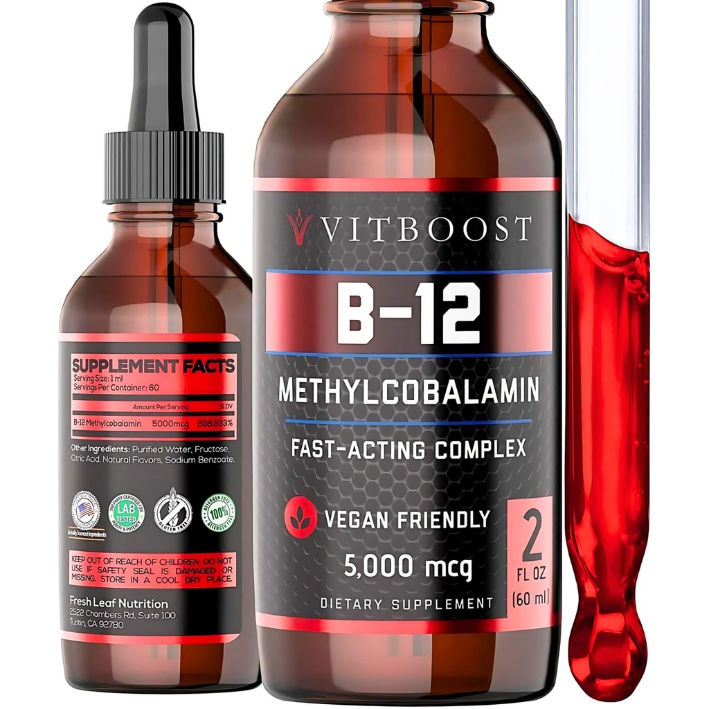 VITBOOST Vegan Liquid B-12 Drops – 60 x 5000 mcg Extra Strength Raspberry Flavored Vitamin B12 Liquid Methylcobalamin sublingual Supplement | Designed to Maximize Absorption & Energy | Gluten Free