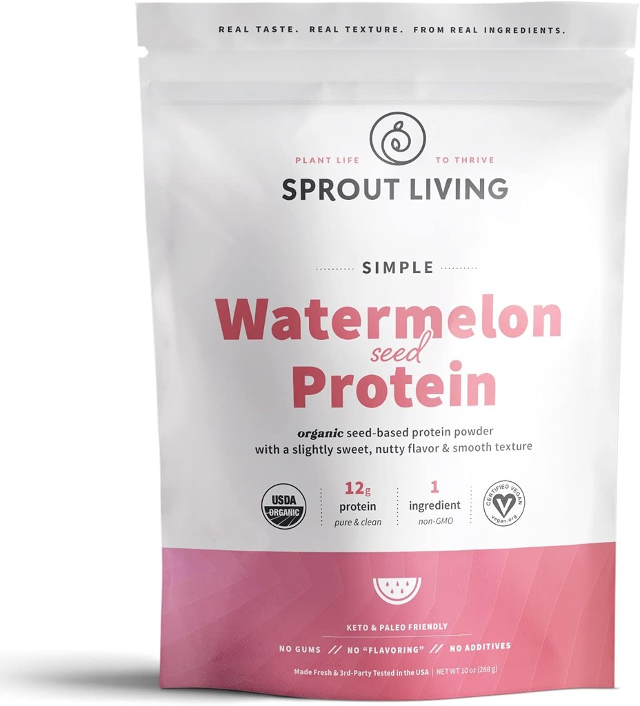 Sprout Living Simple Watermelon Seed Protein Powder, 12 Grams Organic Plant Based Protein Powder Sin Sweeteners artificiales, Non Dairy, Non-GMO, Vegan, Gluten Free, Keto Drink Mix (10 oz)