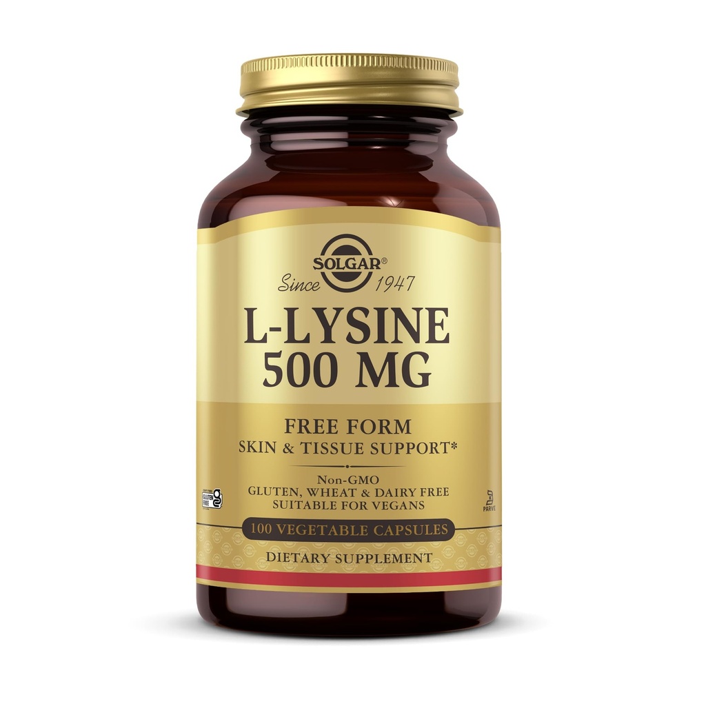 Solgar L-Lysine 500 mg - 100 cápsulas vegetales - Skin & Tissue Support - Non-GMO, Vegan, Kosher, Gluten Free - 100 piezas