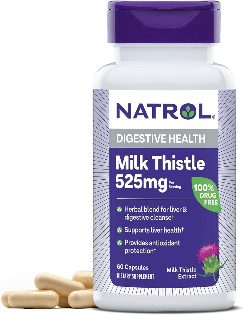 Natrol Milk Thistle 525 mg por Serving, Suplemento dietético para la salud digestiva, suplemento de cardo de leche, 60 cápsulas, 30 días de suministro