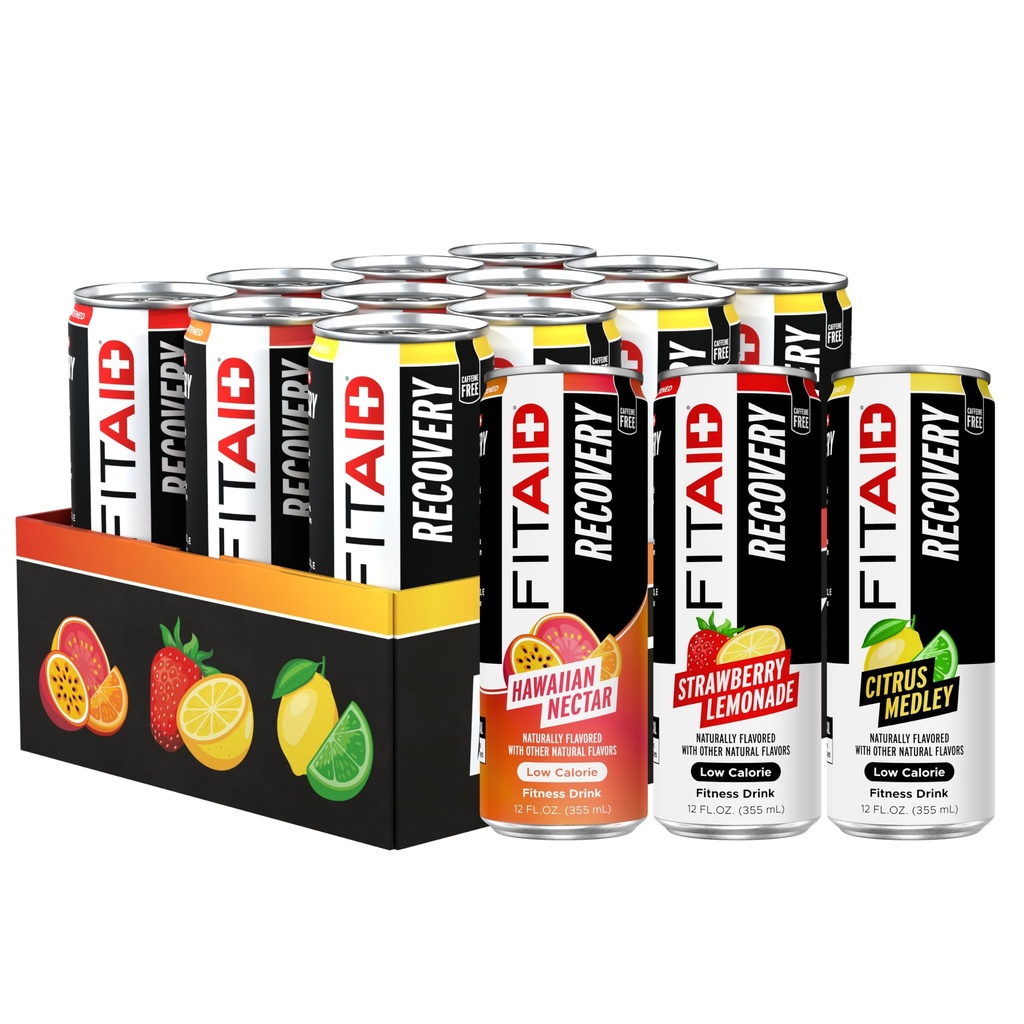 FITAID Recovery Blend, Variety Pack, BCAAs, Glucosamine, Electrolytes, Omega-3s, Green Tea, 100% Clean, Paleo, Vegan &amp; Gluten-Free, Naturally Sweetened & Flavored, 12-oz. latas (Pack of 12)
