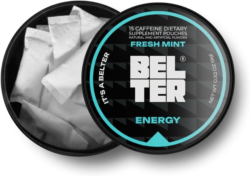 BELTER - Fresh Mint - Caffeine Pouches - 15 Cuenta - Fast-Acting - Zero-Calorie Energy Boost - 96mg Caffeine Per Pouch - Ideal para deportes, gimnasio, juegos, trabajo
