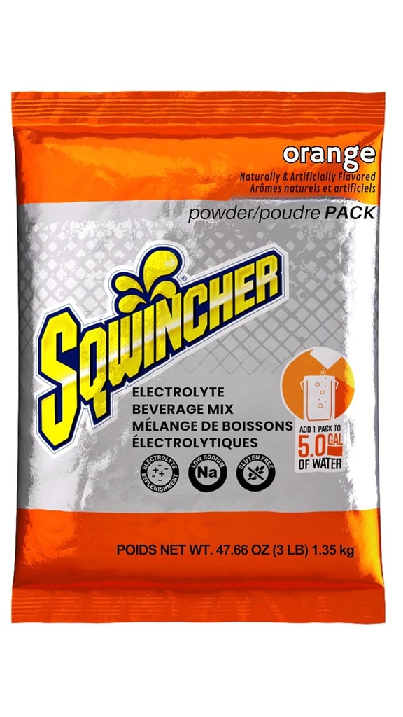 Sqwincher Powder Pack Anterior Orange Flavored Silencio Bajo Calorie Silencio Bajo Sodium ← Electrolyte Replenishment Hydration Drink Mix Silencio Just Add to 5 Gallons of Water ← 47.66 oz packet (pack of 16)