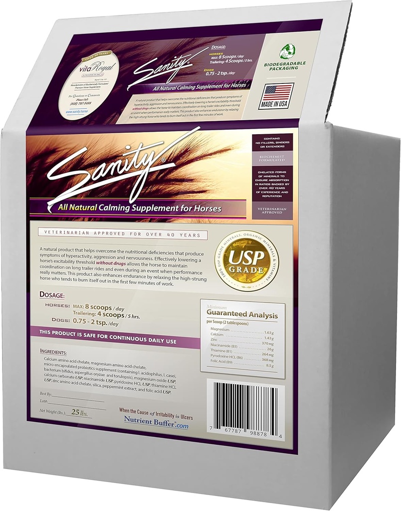 Sanity - Equine Behavioral Calming Focus Supplement for Horses - Magnesium, Calcium, Zinc, B Vitamins, Amino Acids, Probiotics, Thiamine, Folic Acid, Niacin, Peppermint & More