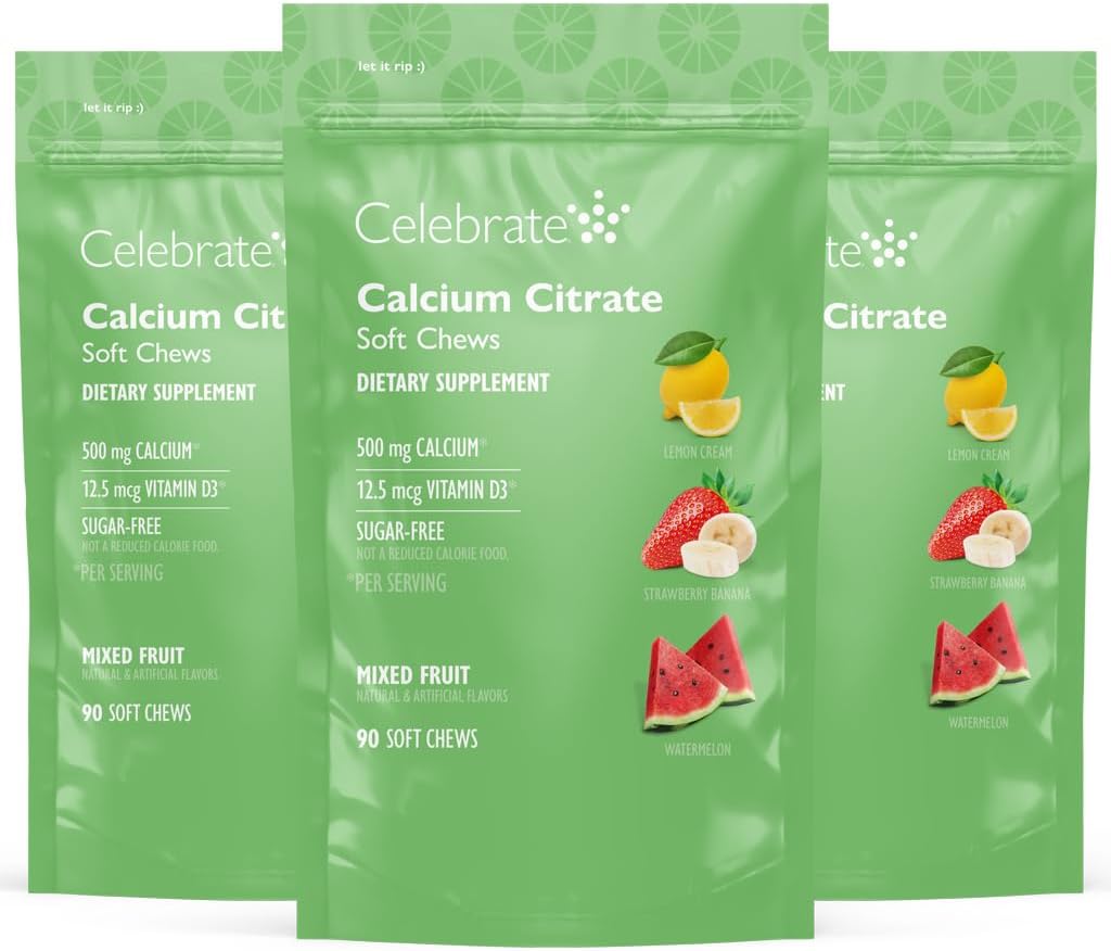Celebrar vitaminas Bariatric 500mg Calcio Citar cerdas suaves con 500 UI Vitamina D3 – Esencial para el bypaso gástrico Pacientes " Bone Health - Sugar " Gluten Free, Fruit (270 Chews)