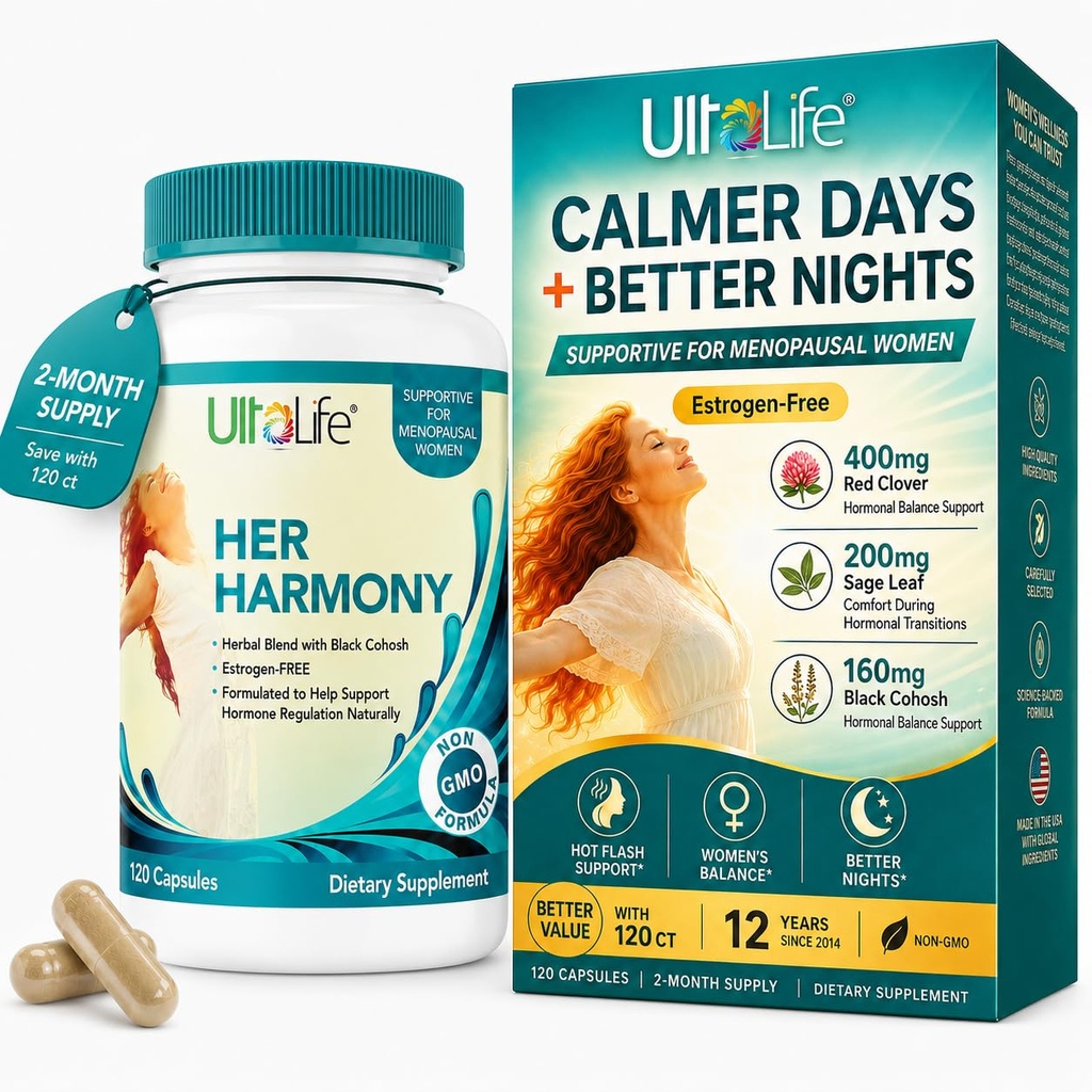 UltaLife Her Harmony Menopause Supplements for Women - Hot Flashes Menopause Relief &amp; Hormone Balance for Women - Contiene Black Cohosh, Dong Quai, Red Clover &amp; Más - Estrógeno Gratis - 120 cápsulas