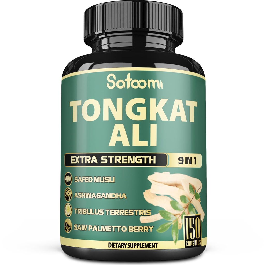 Satoomi 9in1 Tongkat Ali Root Extract 200:1 - Ashwagandha, Tribulus Terrestris - 150 cápsulas para 5 meses - Apoyo Strength, Energy &amp; Healthy Immune