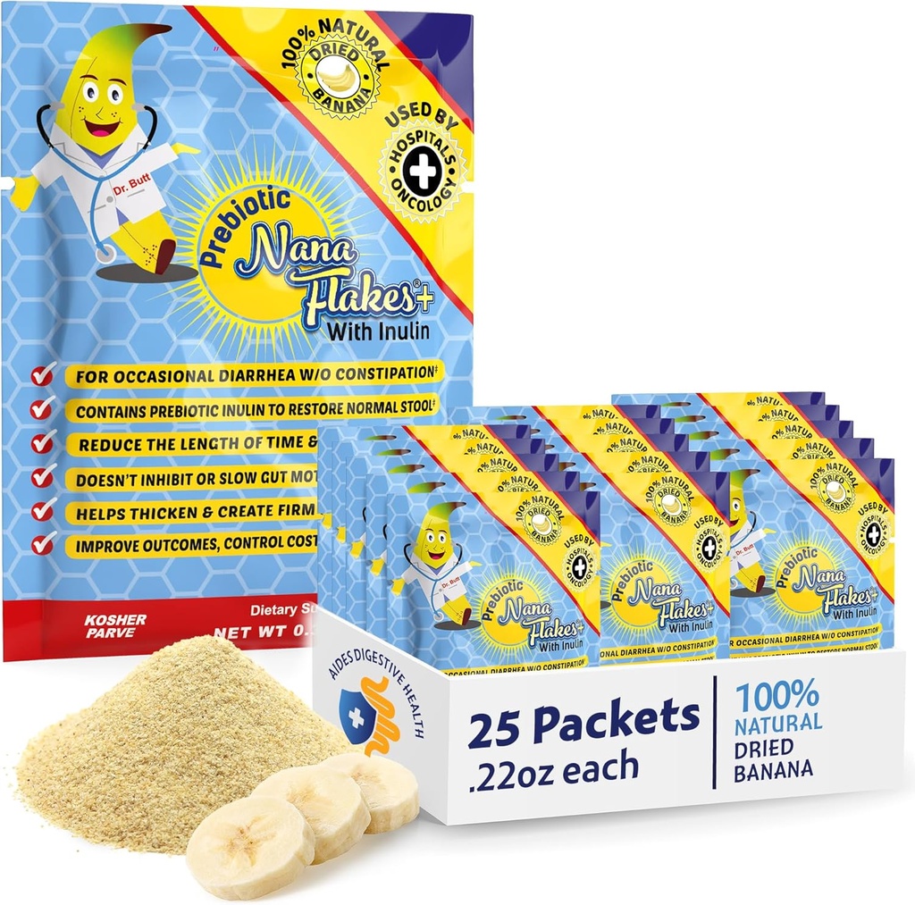 Diseños Nutricionales, Prebiótico Nana Flakes con Inulina, 100% Pura Banana Flakes, Alta Proteína y Fibra Prebiótica, Bienestar Digestivo, para Adultos &amp; Niños 4+ (25 Paquetes de Single-Serve)