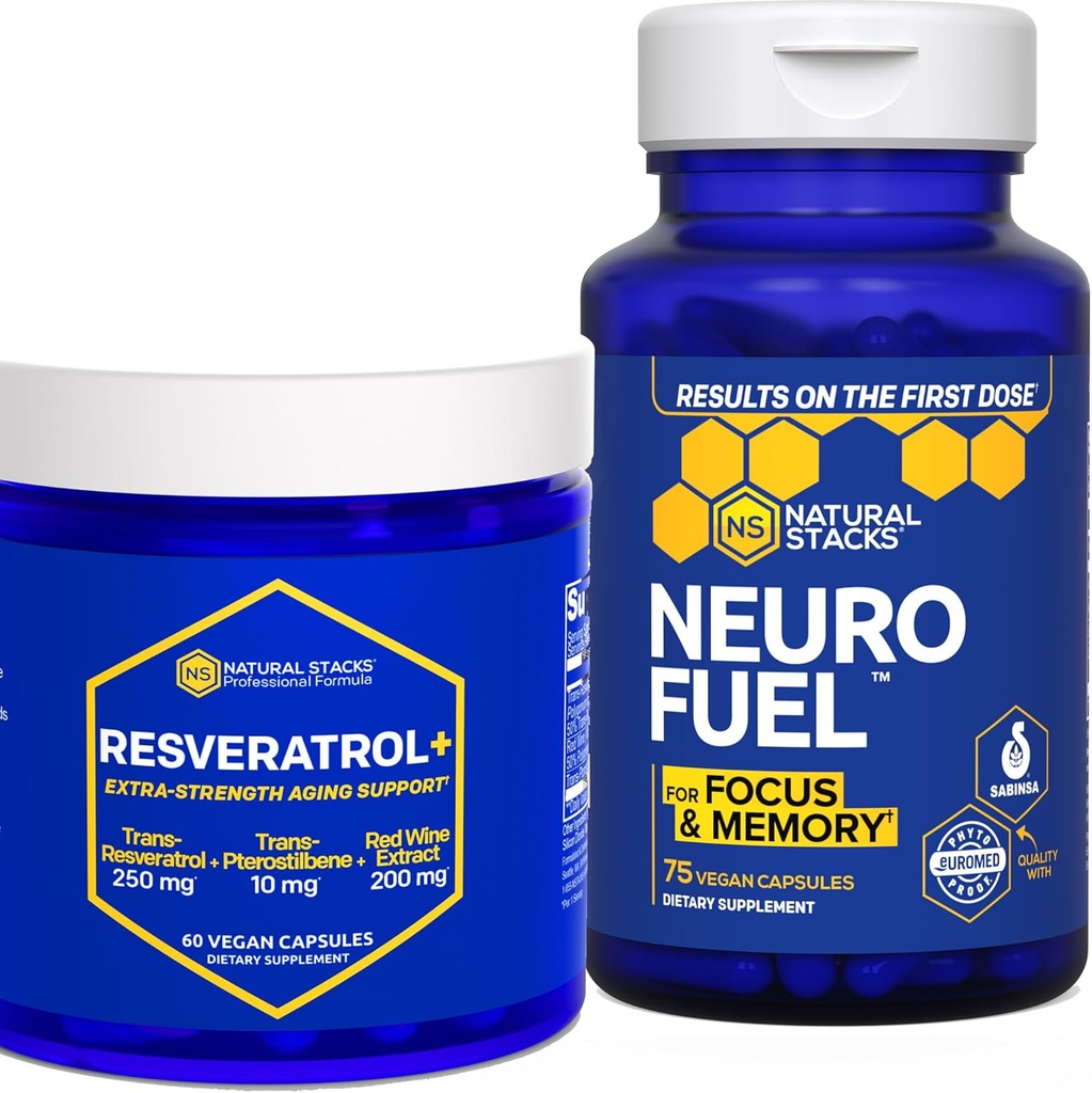 NATURAL STACKS NeuroFuel &amp; Resveratrol+ Suplemento Bundle - Soportes Focus, Memoria " Envejecimiento cerebral saludable* - 135 cápsulas