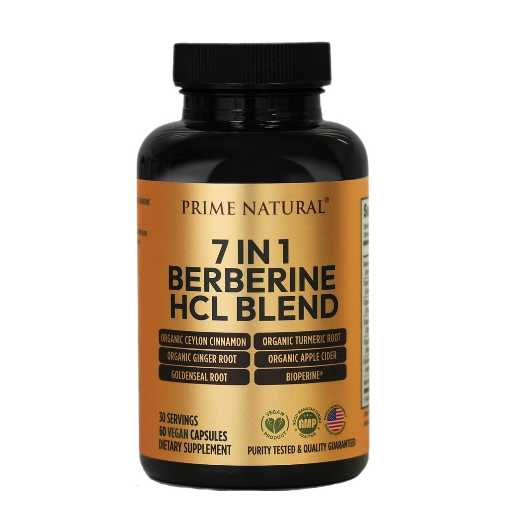 PRIME NATURAL Berberine HCl 600mg Organic Ceylon Cinnamon 400mg Organic Turmeric 200mg Organic Ginger 130mg Organic Apple Cider Vinegar 65mg Goldenseal Root 6.5mg Bioperine 3mg | 60 Capsules