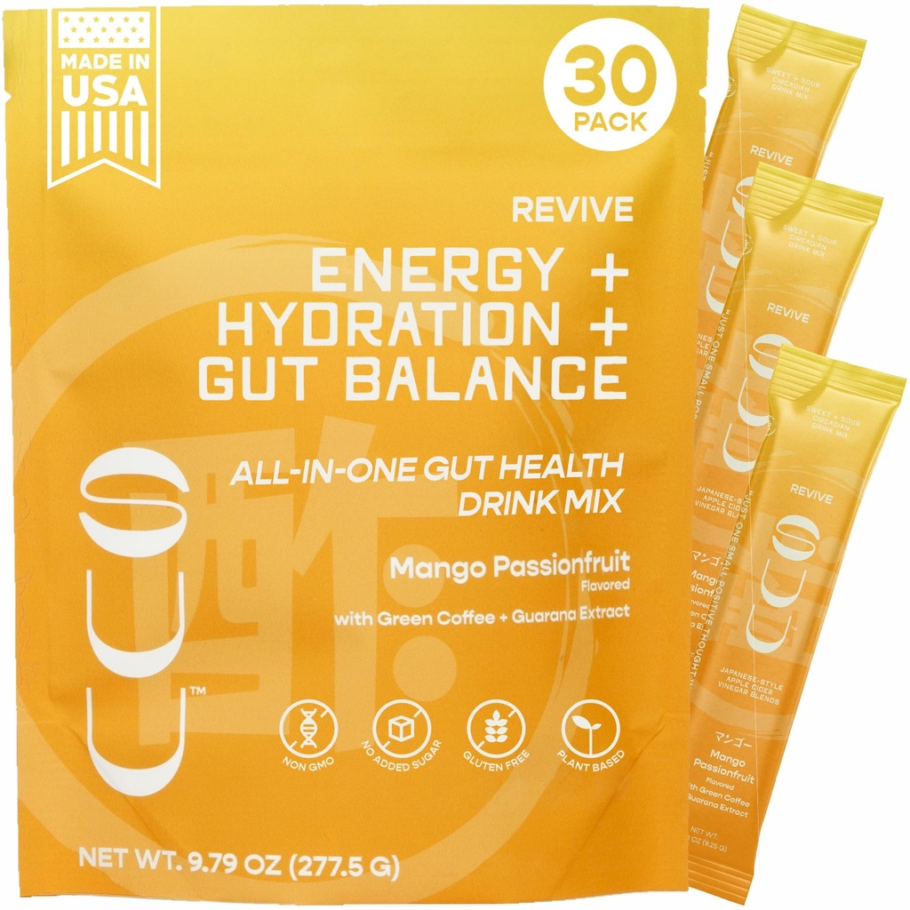 Revive Gut Health Drink Mix TorturaApple Sider Vinegar Prebióticos,Probióticos Gut Health for Women &amp; Hombres sometidosCafé verde,Guarana AnteriorSupports Digestive Health, Energy & Hydration PreviousMango Passionfruit,30 Servings