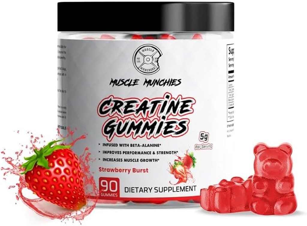 Muscle Munchies Creatine Chewable Gummies for Men & Women-Infused with Beta Alanine-5g of Creatine Per Serving-Increases Strength, Endurance, & Recovery-Vegan, NonGMO (Strawberry Burst)