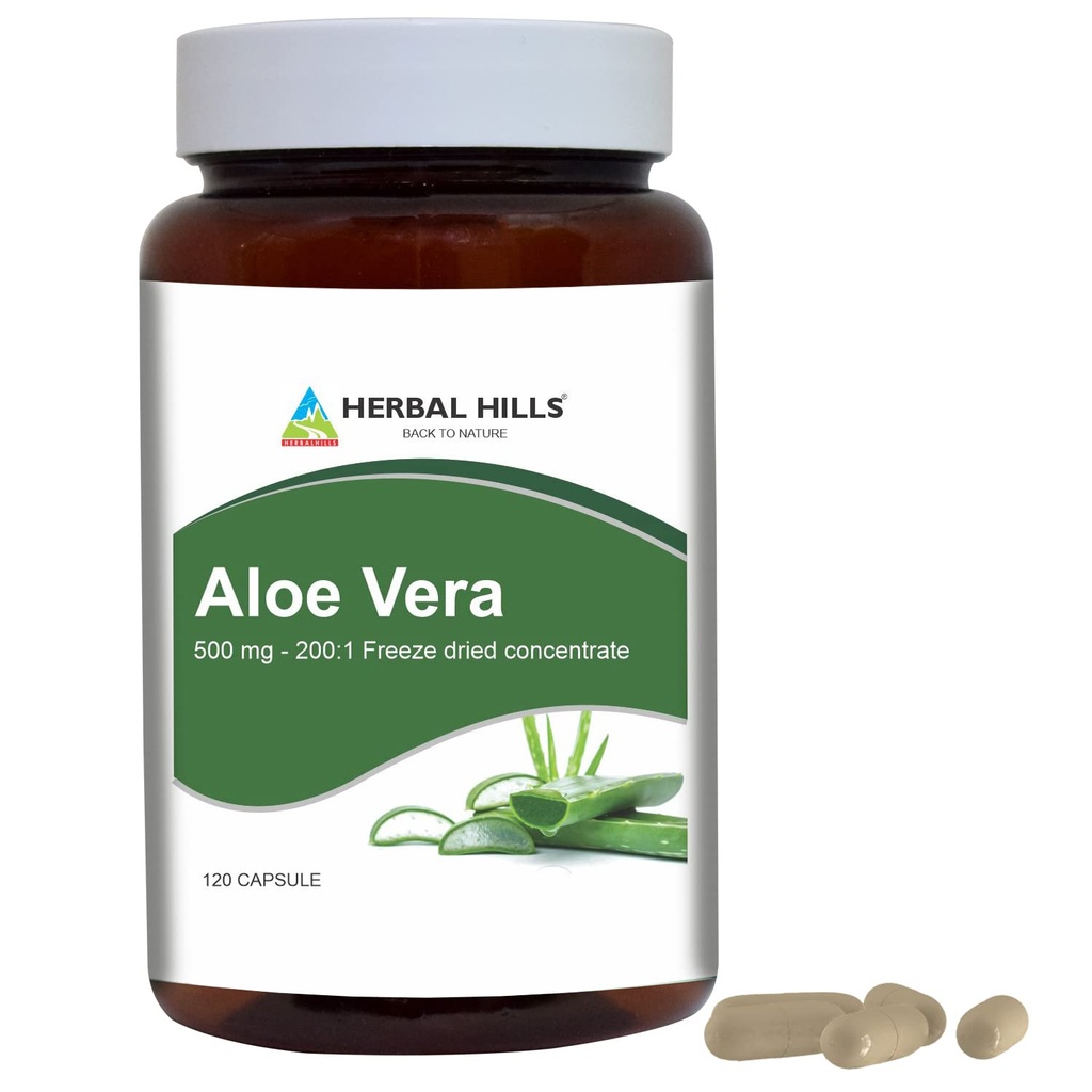 HERBAL HILLS Aloe Vera Capsules (Aloe barbadensis)  120 Capsules (500 mg) ← Pure Aloe Freeze Dried Powder Supplement, High Concentration, Supports General Well-Being