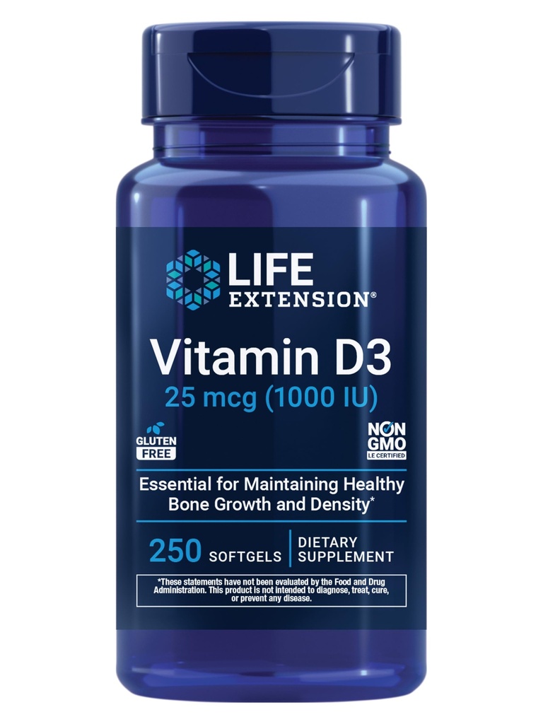 Life Extension Vitamin D3 25 mcg (1000 IU), Immune System Support, Bone Health, Whole-Body Health, Value Size, Gluten-Free, Non-GMO, 250 softgels