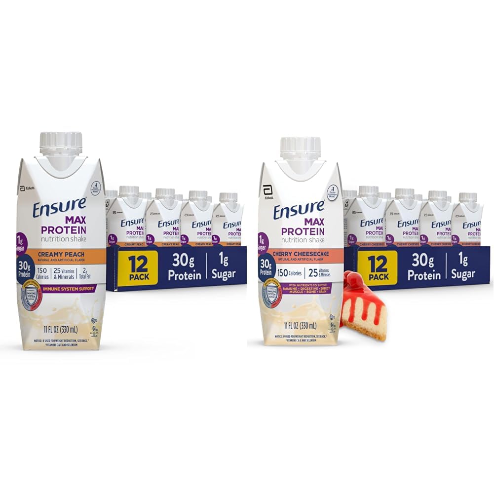 Asegurar Max Protein Nutrición Shake con 30g Proteína, 1g Azúcar, Alta Proteína Shake, Cremy Peach y Cherry Cheesecake Variedad Pack, 11 fl oz, Pack de 12