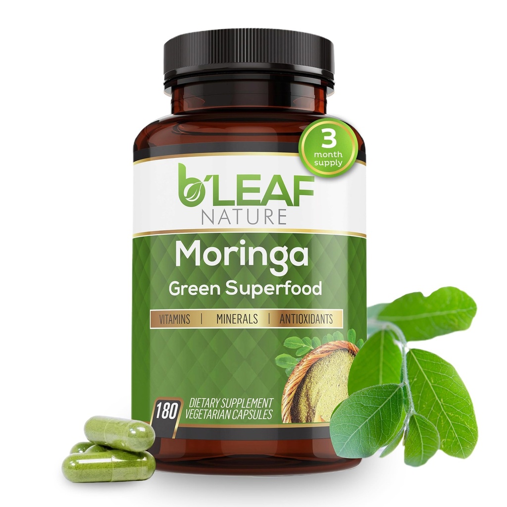 B'Leaf Nature Moringa Capsules Organic 1000mg — Pure Moringa Oleifera Leaf Powder Capsules for Energy & Immune Support | Non-GMO Gluten Free Vegan Superfood | 180 Veggie Capsules