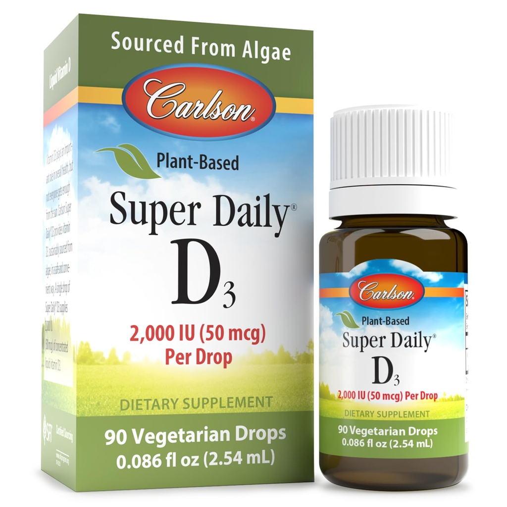 Carlson - Super Daily D3 2000 UI de base vegetal (50 mcg) por gota, gotas de vitamina D vegetariana, vitamina D líquida, provenientes de Algae, Desflavorada, 90 gotas (2,54 mL)