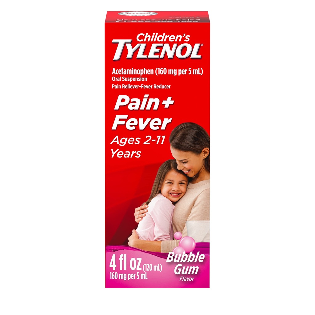 Children's Tylenol Oral Suspension, Acetaminophen, Bubble Gum, 4 fl. oz | Kids' Liquid Medicine, Pain Reliever & Fever Reducer, Cold + Flu Symptoms, Aspirin-, Ibuprofen- & Alcohol-Free