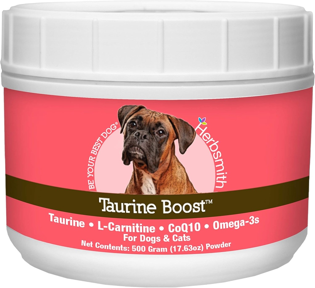 Herbsmith Taurine Boost - Cardiac and Heart Support for Dogs and Cats - Taurine Supplement for Dog and Cat Heart Health – with CoQ10, Taurine and L-Carnitine for Dogs - 500g
