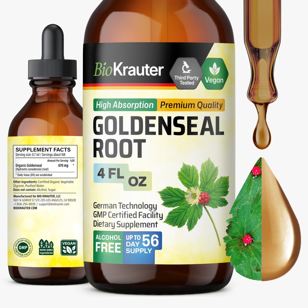BIO KRAUTER Goldenseal Tincture - Vegan Lung Cleanse & Detox - Golden Seal Herb Suplemento - Alcohol &amp; Sugar Free Drops - 4 Fl.Oz.