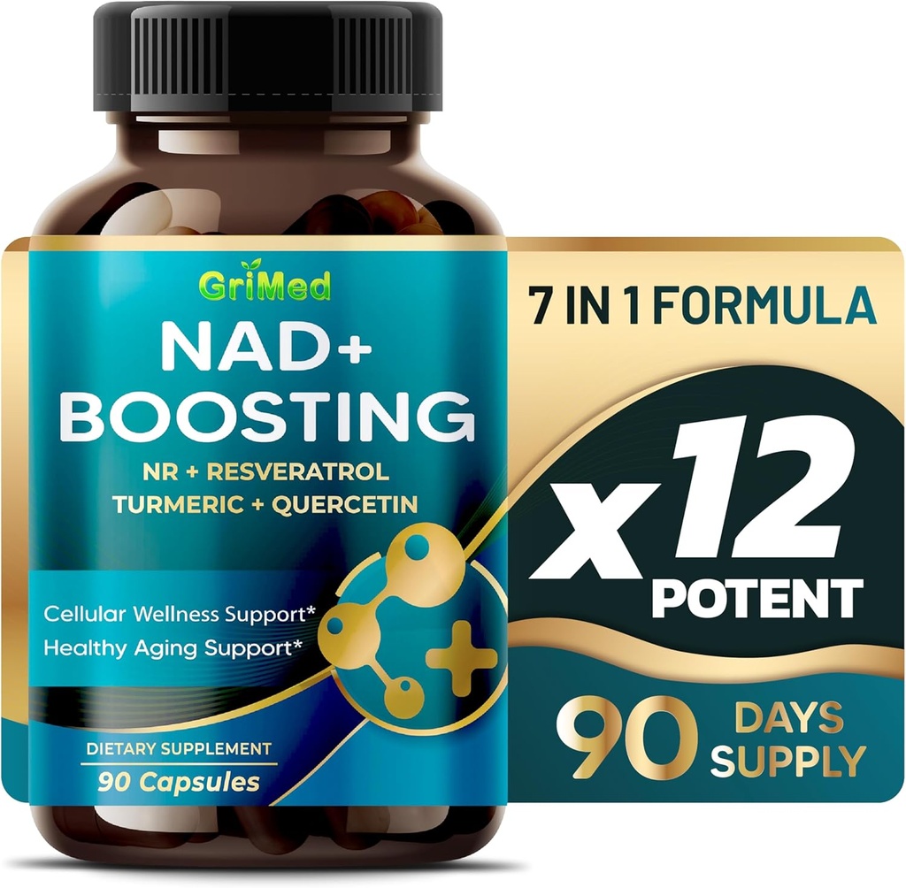 GriMed NAD + Boosting 16,550mg- x12 Power with NR + Resveratrol Turmeric + Quercetin - Cellular Energy, Cellular Repair, Healthy Aging - USA Made & Tested (90 Count (Pack of 1))