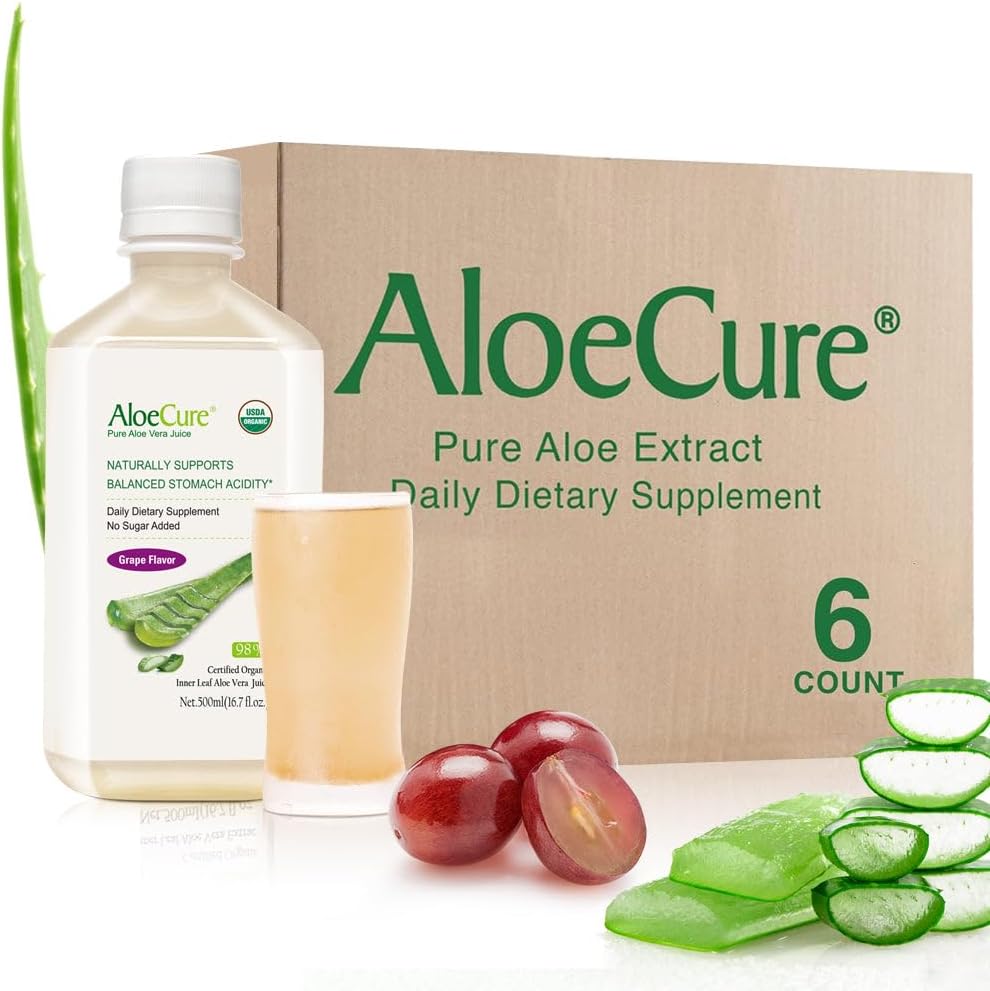AloeCure USDA Organic Aloe Vera Juice Grape Flavor, Made Within 12 Hours of Harvest - Pure Aloe Vera Digestive &amp; Immune Health Supplement, Helps Maintain Balanced Stomach Acidity, 16.7oz x 6 Btls