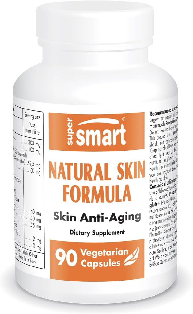 SuperSmart - Fórmula de la piel natural ( Alta potencia) - con ácido hialurónico, Collagen, Elastin, Ceramides, Silica - Hidratación de la piel " Elasticidad voca Non-GMO - 90 cápsulas vegetarianas