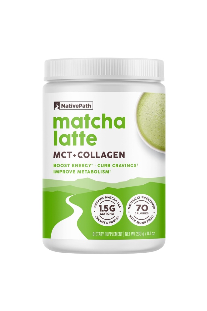 NativePath Matcha Latte Collagen Peptides with MCT Oil - Grass-Fed Collagen & Organic Matcha for Energy & Focus - Keto, No Gluten or Dairy (8.1 oz)