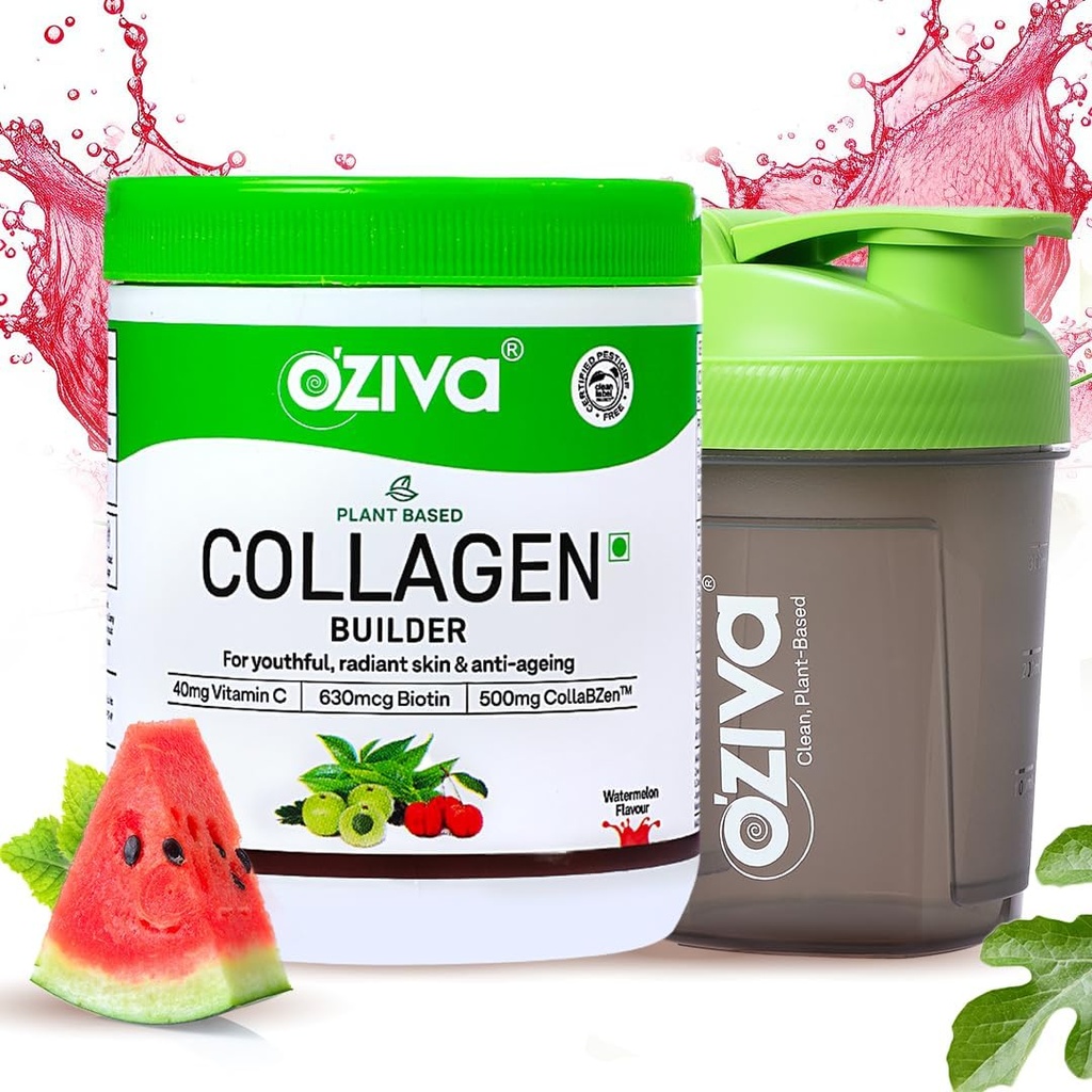 OZiva Vegan Collagen (Watermelon) con Biotina & Vitamina C Para una piel brillante y juvenil Ø Collagen Suplemento para mujeres y hombres Silencioso Planta Basada Polvo ← Certified Vegan 125g + Shaker