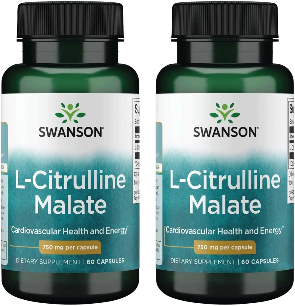 Swanson L-Citrulline Malate - Suplemento Aminoácidos Promoción de la Producción de Energía " Circulación de Sangre Saludable - Fórmula Natural Apoyo Bienestar general - (60 cápsulas, 750 mg cada uno) (2 paquete)