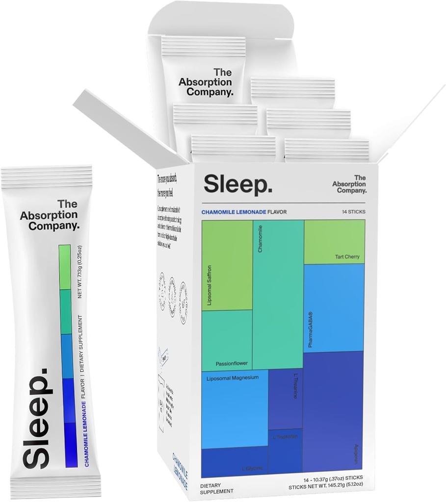 Ayuda al sueño Polvo - Bebida calmante para el sueño profundo con Safrón Liposomal, Magnesium & PharmaGABA Suplemento natural libre de melatonina para reducir el estrés y mejorar la calidad del sueño Chamomile Lemonade 14 Sticks