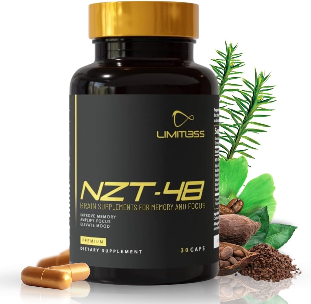 NZT-48 Brain Booster | Nootropic Brain Supplements for Memory and Focus | Premium Natural Energy Supplement with Caffeine, Phosphatidylserine, Vitamins B6 & B12, Ashwagandha | 60 Servings