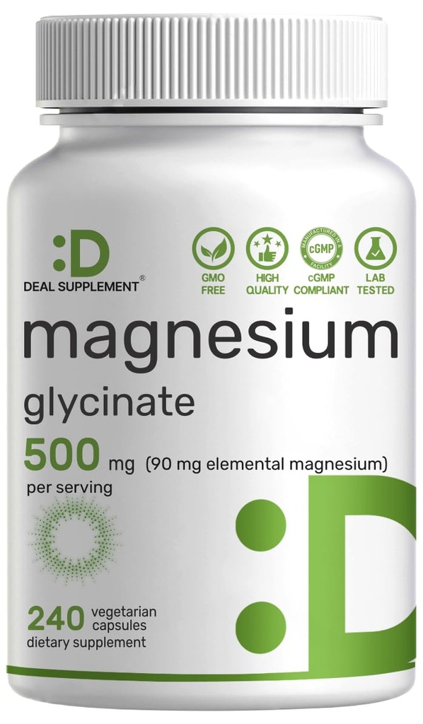 Magnesium Glycinate 500mg, 240 Veggie Capsules  durable 100% Chelated for Easy Absorption ← Suplemento Mineral esencial para el músculo, el sueño, & Heart Health*