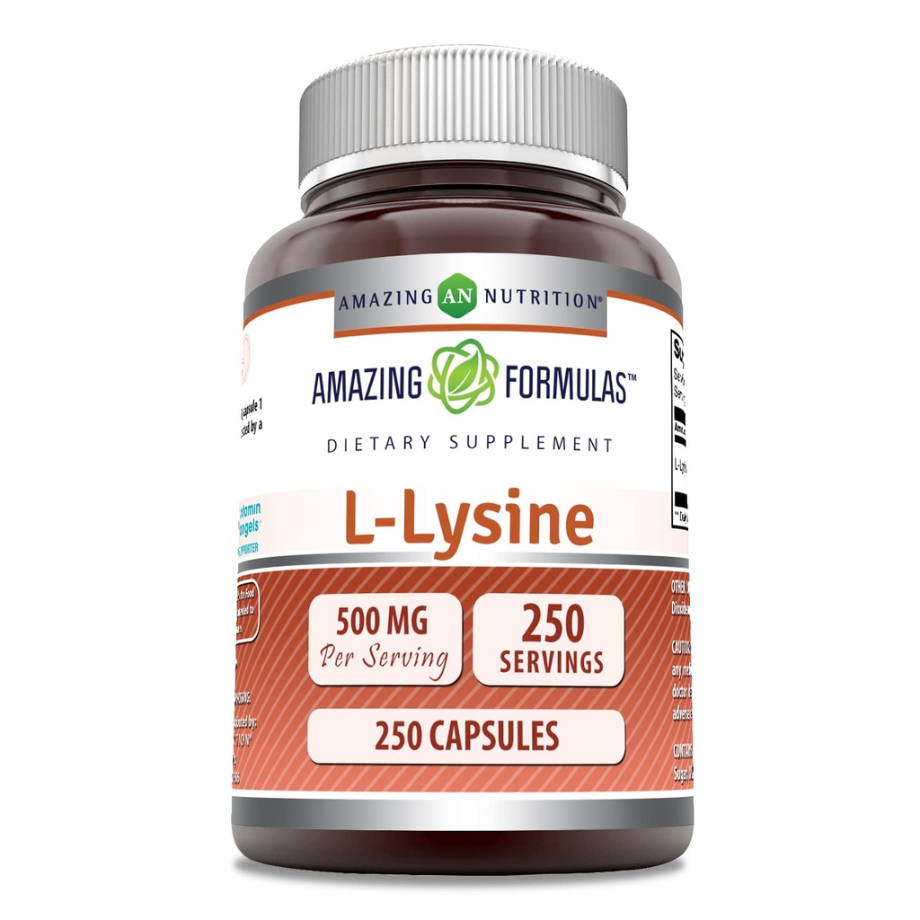 Fórmulas increíbles L-Lysine 500 Mg Amino Acid Suplemento TENIDO Capsules TENIDO NO GLUTEN-Free TEN Made in USA (1 Pack TEN 250 Conteo)