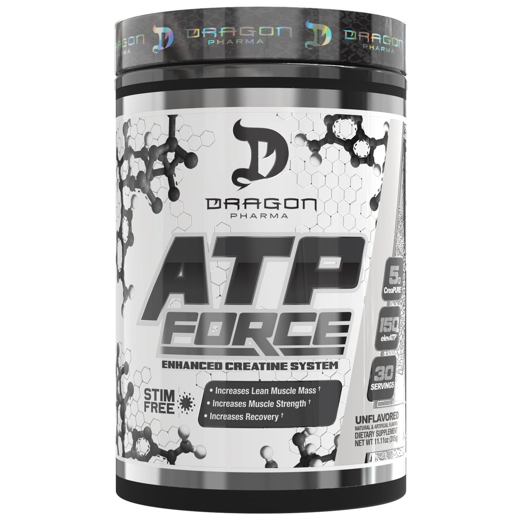 DRAGON PHARMA ATP Force Enhanced Creatine System, Stim-Free, Increase Lean Muscle Mass & Recovery, 5 Grams of CreaPure, Improves Blood Flow (30 Servings, Unflavored)