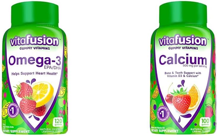 Vitafusion Omega-3 Gummy Vitaminas, Berry Lemonade Flavored, Heart Health Vitamins(1) & Chewable Calcium Gummy Vitaminas para el soporte de huesos y dientes, Frutas y crema Flavored