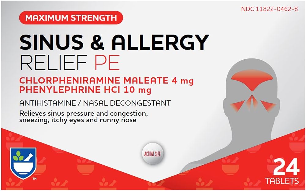 Rite Aid Sinus & Allergy Relief PE Tablets, Maximum Strength- 24 Count | Antihistamine and Nasal Decongestant | 4 Hour Allergy Medication | Allergy and Congestion Relief