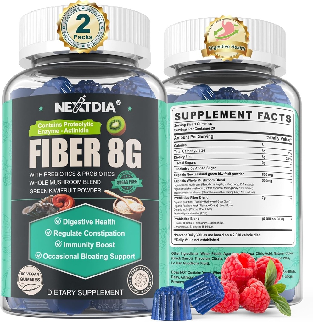 Sugar Free Prebiotic Fiber Supplement for Women & Men | 8G High Fiber Gummies with Mushroom,Psyllium Husk, Digestive Enzymes, Guar Gum, Inulin to Support Gut & Digestive Health |120 Vegan Gummies