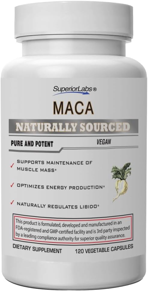 Laboratorios Superiores - Maca Orgánica Peruana - 100% Pura No GMO - Suplemento dietético para la calma y la relajación - Aditivos Sintéticos Cero, Stearates, Dióxidos - 750mg, 120 cápsulas vegetales