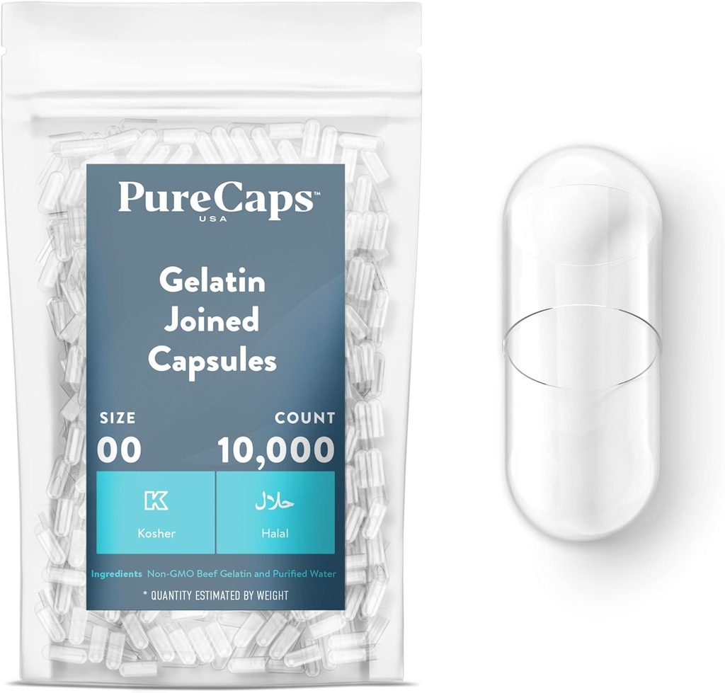 PureCaps USA - Empty Gelatin Capsules Size 00 vírgenes 10,000 Únete a Pills para limpiar vidas no certificadas por el GMO, SLS, Gluten, Preservative Free