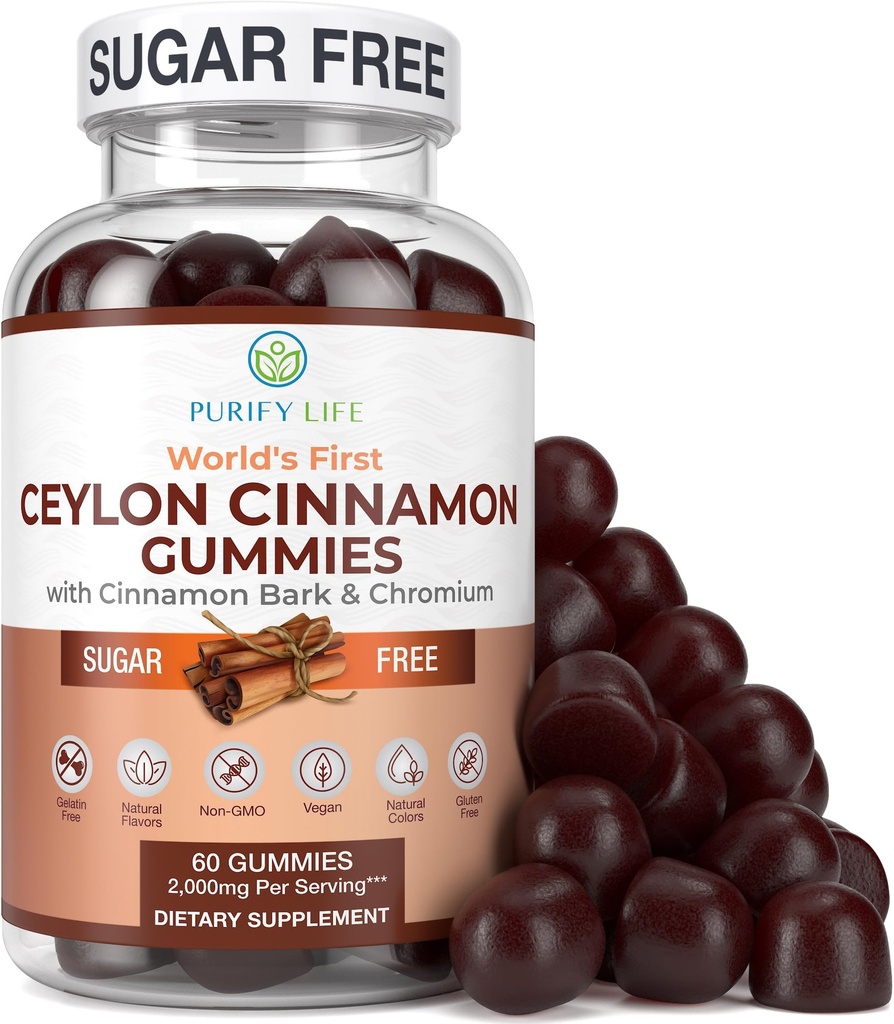 Ceilán sin azúcar Gummies de canela (2.000mg/Serving) Suplemento de canela de Ceylán para la salud del cerebro, Vegan, Gluten-Free, Reemplazar Cápsulas de canela de Ceylán, Píldoras, Polvo, Extracto (60 Chews)