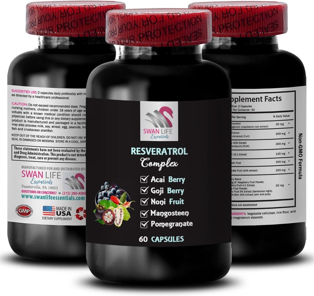 Apoyo Nutricional - RESVERATROL COMLEX - Escudo Antioxidante, Apoyo Energizante, Goji Berry Support, Grape Skin Power, Beneficios de Berry, Apoyo diario, Acai Berry Energy, Refreshing Blend 1Bot 60Caps