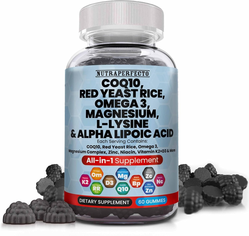 L-Lysine Coq10 Alpha Lipoic Acid Gummies Red Yeast Rice Magnesium Gummy for Adults and Kids - Amino Acid Supplements Omega 3 Niacin Zinc Vitamin K2 D3 B3 - Vitamins for Women and Men - 60 Gummy Bears