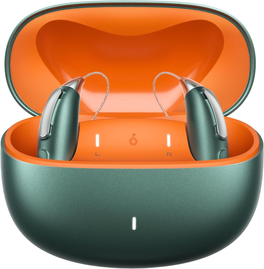 Ayudas de Audiencia Bluetooth recargables para pérdida de Audiencias Leves - OTC - Smart Fitting - RIC (Receiver-en-Canal) Diseño con reducción de ruido - Incluye caja de carga, verde