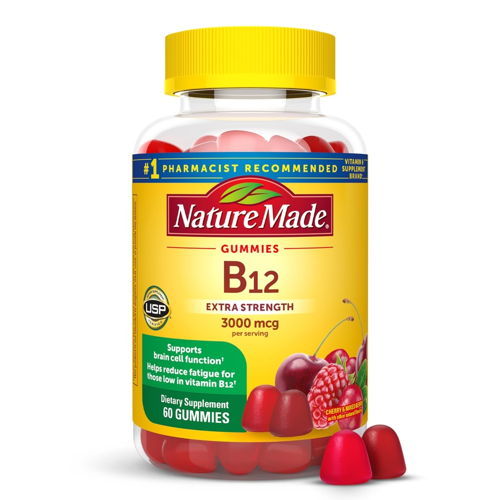 Nature Made Extra Strength Vitamin B12 Gummies 3000 mcg per serving, B12 Vitamins for Energy Metabolism Support, 60 Gummy Vitamins, 30 Day Supply