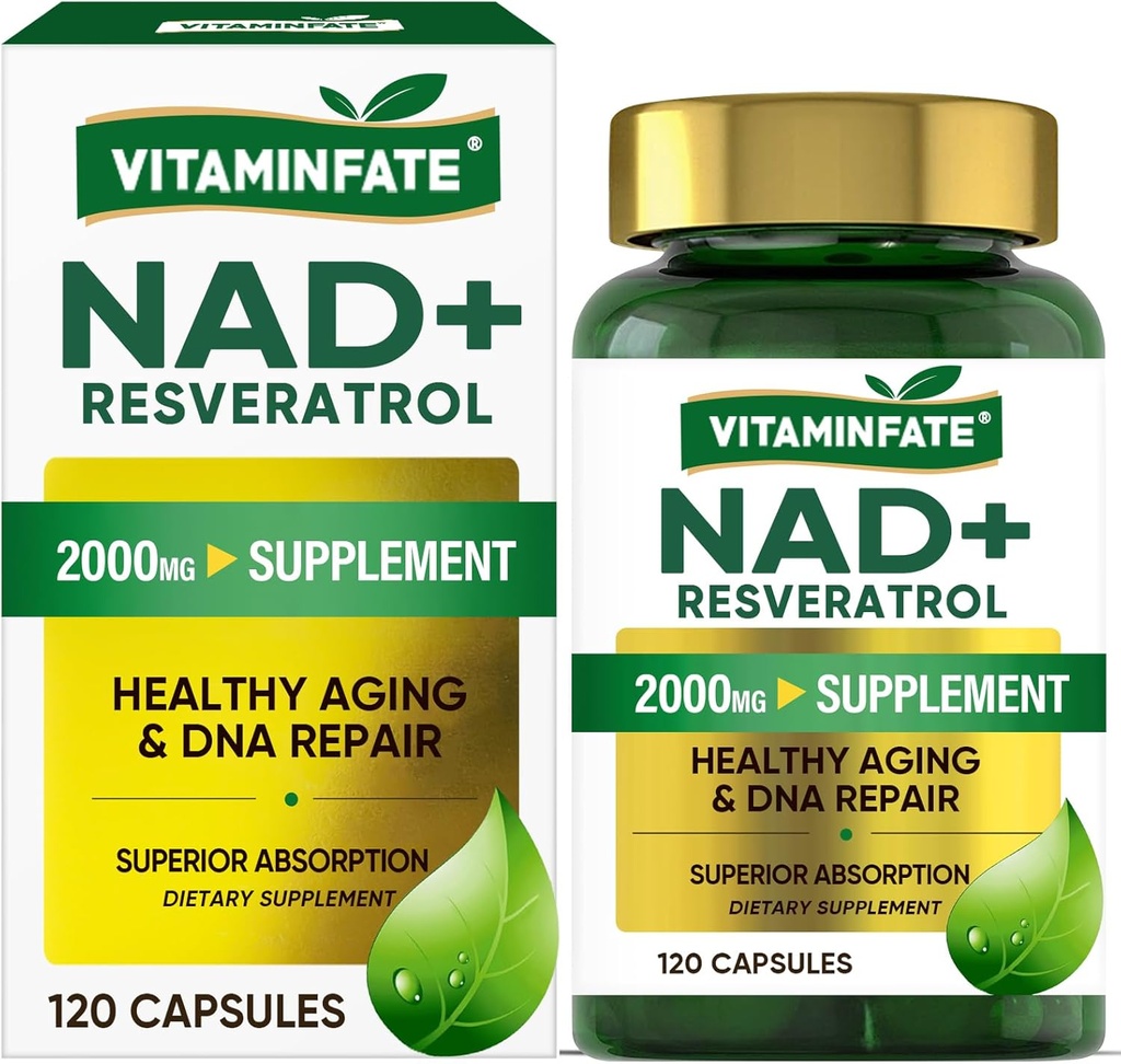 NAD+ Supplement 2000 mg - 120 Capsules True NAD+ & Resveratrol, NMN Alternative Supports Anti-Aging, Cellular Energy & Repair, Metabolism & Brain Boost for Men & Women