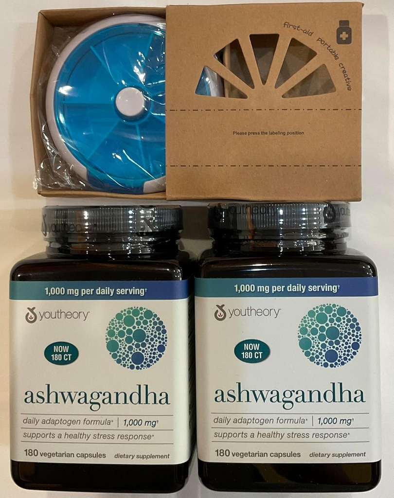 Youtheory Ashwagandha 1000mg con KSM-66 - Ayuda a apoyar una respuesta saludable del estrés, 180 cápsulas (Pack of 2) y Pill Orgnizer Bundles
