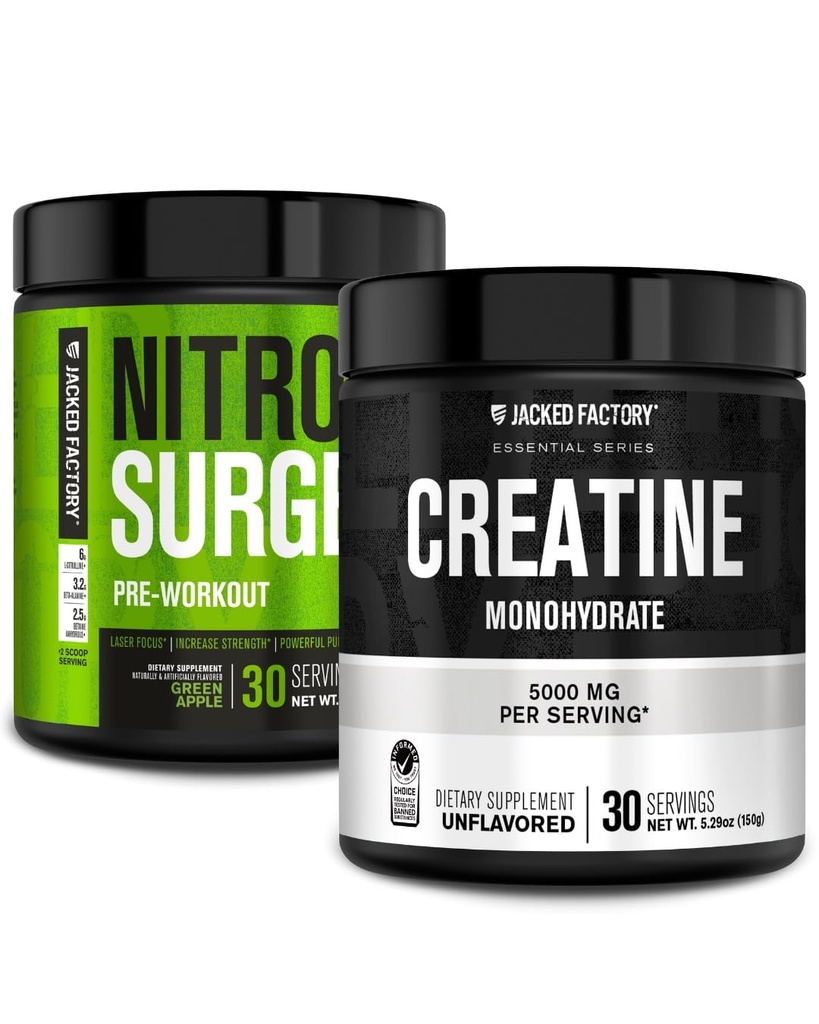 Jacked Factory NITROSURGE Pre Workout Supplement (Green Apple, 30 Servings) & Creatine Monohydrate Powder (Unflavored, 30 Servings)
