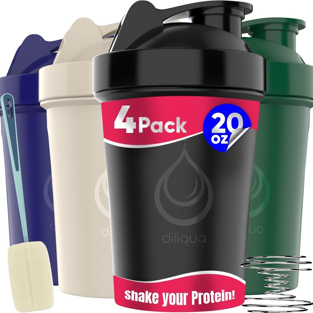 4 PACK, 20 oz Shaker Botellas con Wire Whisks para Protein Mixes Silencio Leakproof Blender Shaker Bottle Pack ← BPA-Free &amp; Dishwasher Safe ← Shaker bottles for shakeer Cups Bottle Pack
