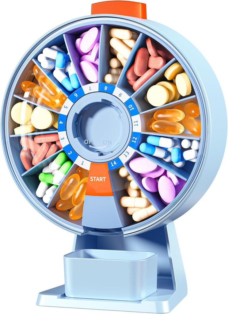 Zoksi Grande Organizador de Píldoras, Caja de Píldoras diarias para 7 o 14 días, Soporte de dispensador de Píldora Mountable para Medicina, Vitamina o Suplementos, Caja de Píldora Semanal con botón de prensa fácil (Blue)
